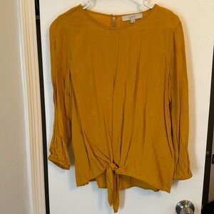 LOFT mustard embroidered front knot top size small